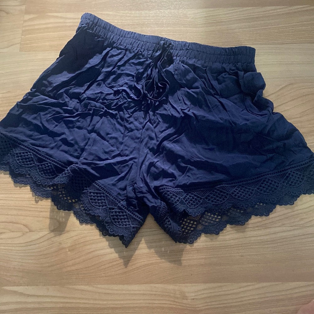 Knot Front Lace Trim Shorts- Navy Blue